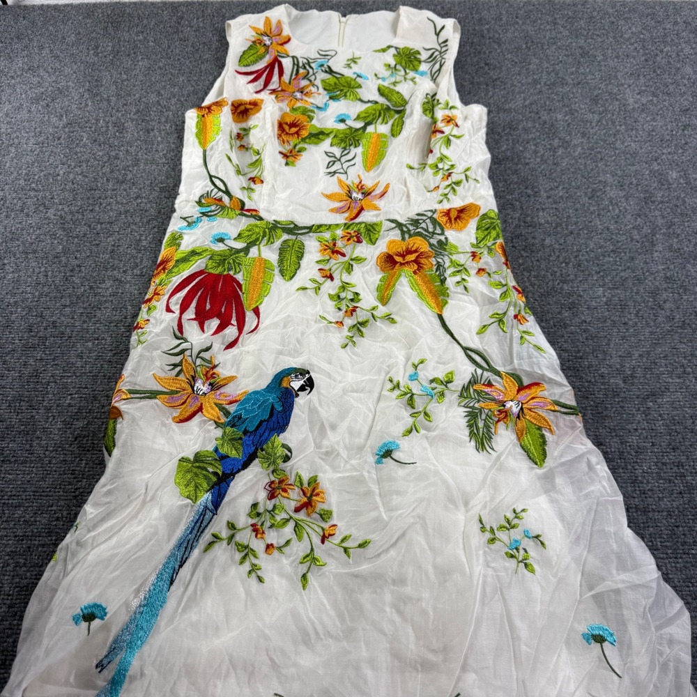 ANEWSTA Maxi Dress 6 White Embroidered Parrot Floral Sleeveless Women